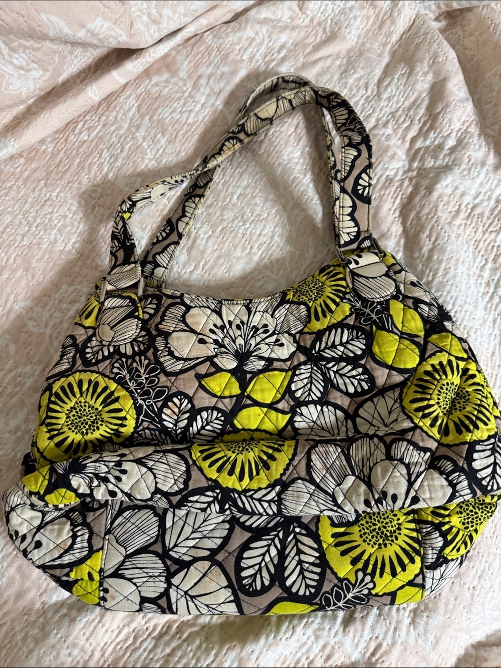 Quilted Floral Shoulder Bag in Yellow, Black & Cream